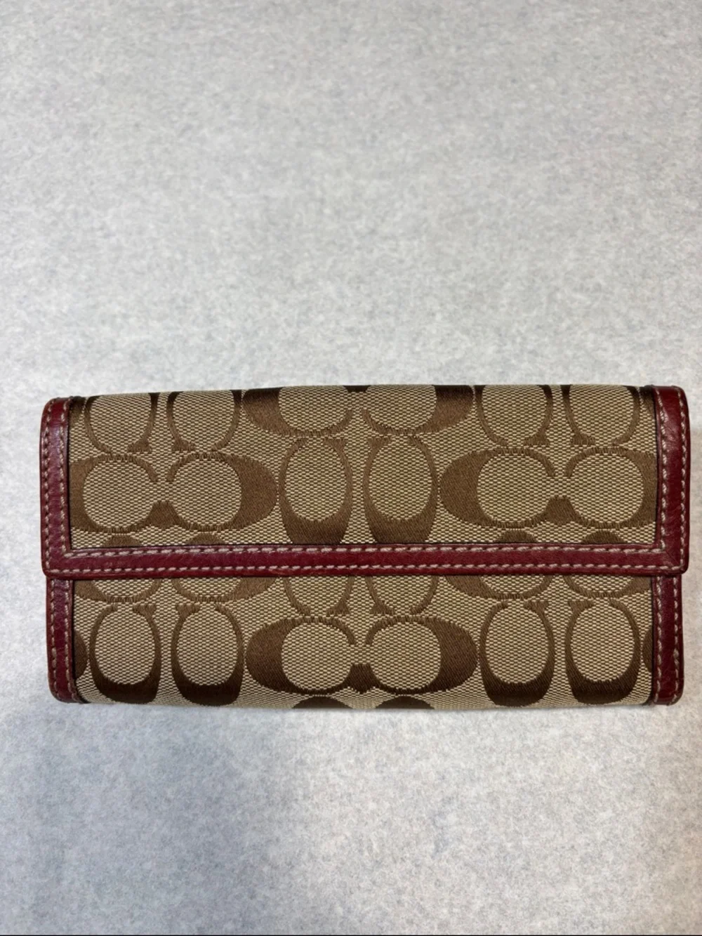 Coach Brown Signature Canvas Wallet with Burgundy Trim and Gold Turnlock - Picture 2 of 5